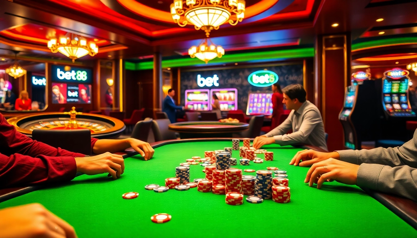 Experience the thrill of bet 88 at an upscale poker table amidst vibrant casino excitement.