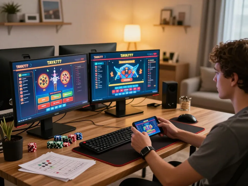 TAYA777 player engaging with live dealer games in a modern home gaming setup.