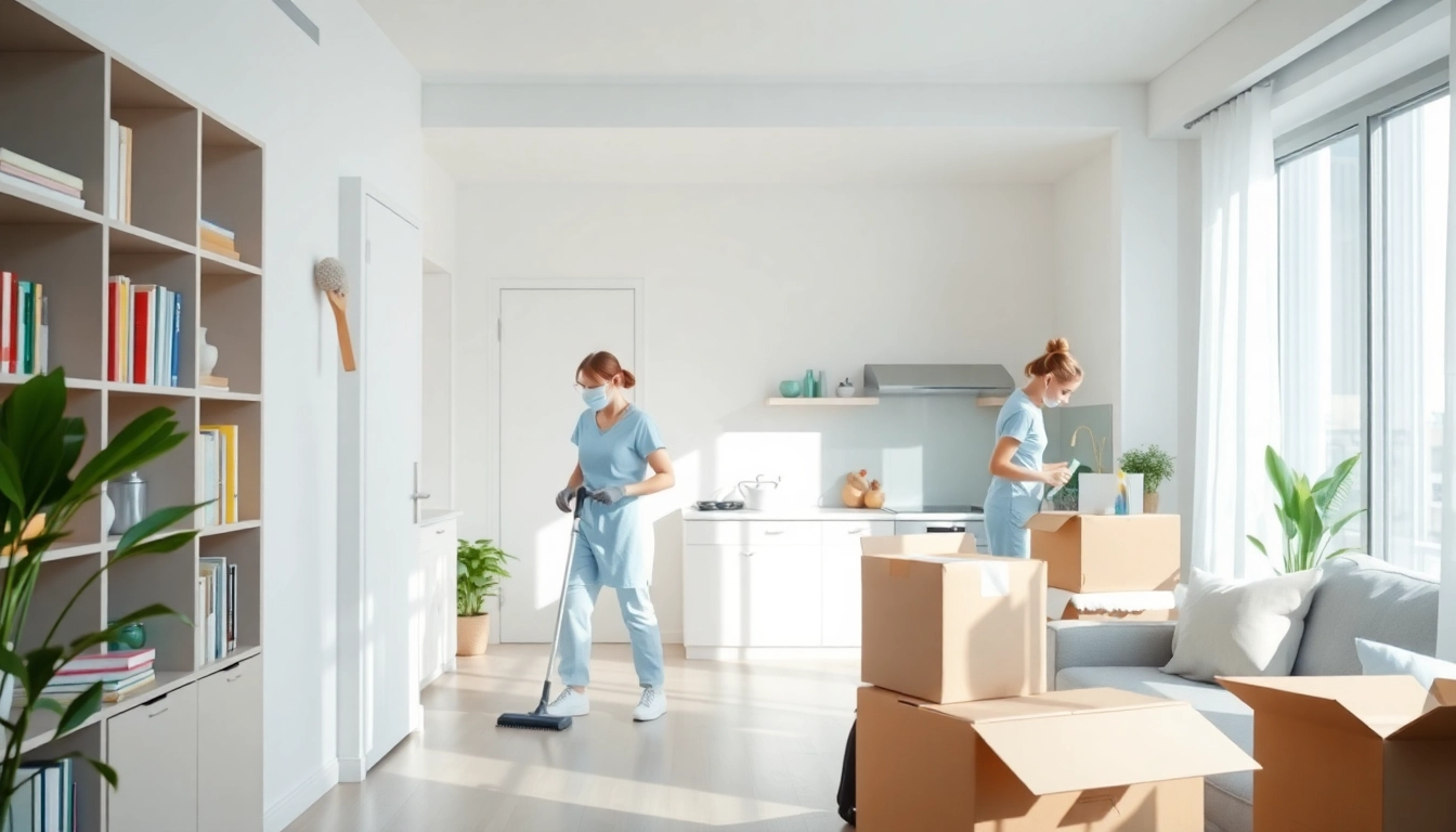Expert move out cleaning Atlanta with professional cleaners meticulously cleaning a bright apartment.