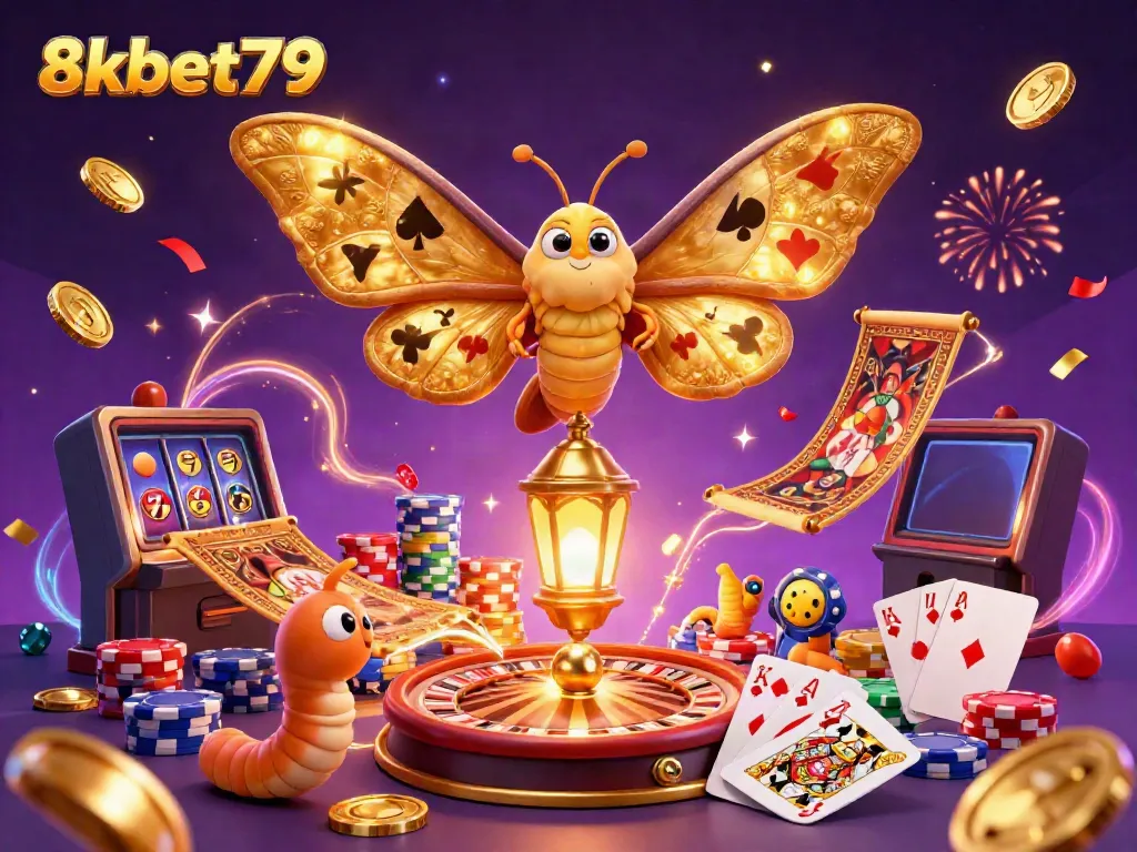 Experience the energy of 8xbet79 with a vibrant casino scene featuring a majestic moth and gaming elements.