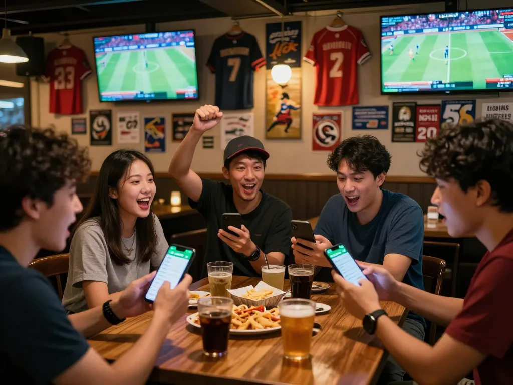 Fans using the soi kèo bóng đá app to analyze betting strategies during a lively sports event.
