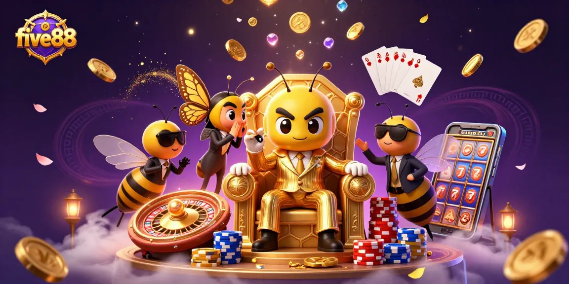 Experience five88 with a vibrant casino scene featuring animated characters in a honeycomb throne room.