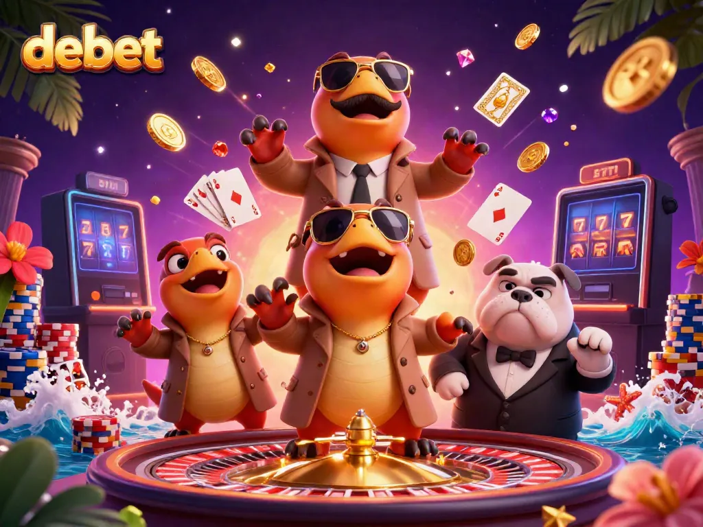 Engage with debet's vibrant casino scene featuring three raptors at a VIP entrance amid golden coins and a roulette wheel.