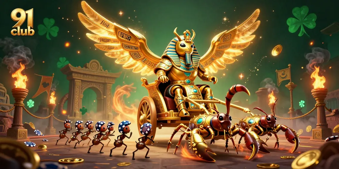Engage with 91 club's thrilling gaming experience, featuring a golden chariot and scorpions.