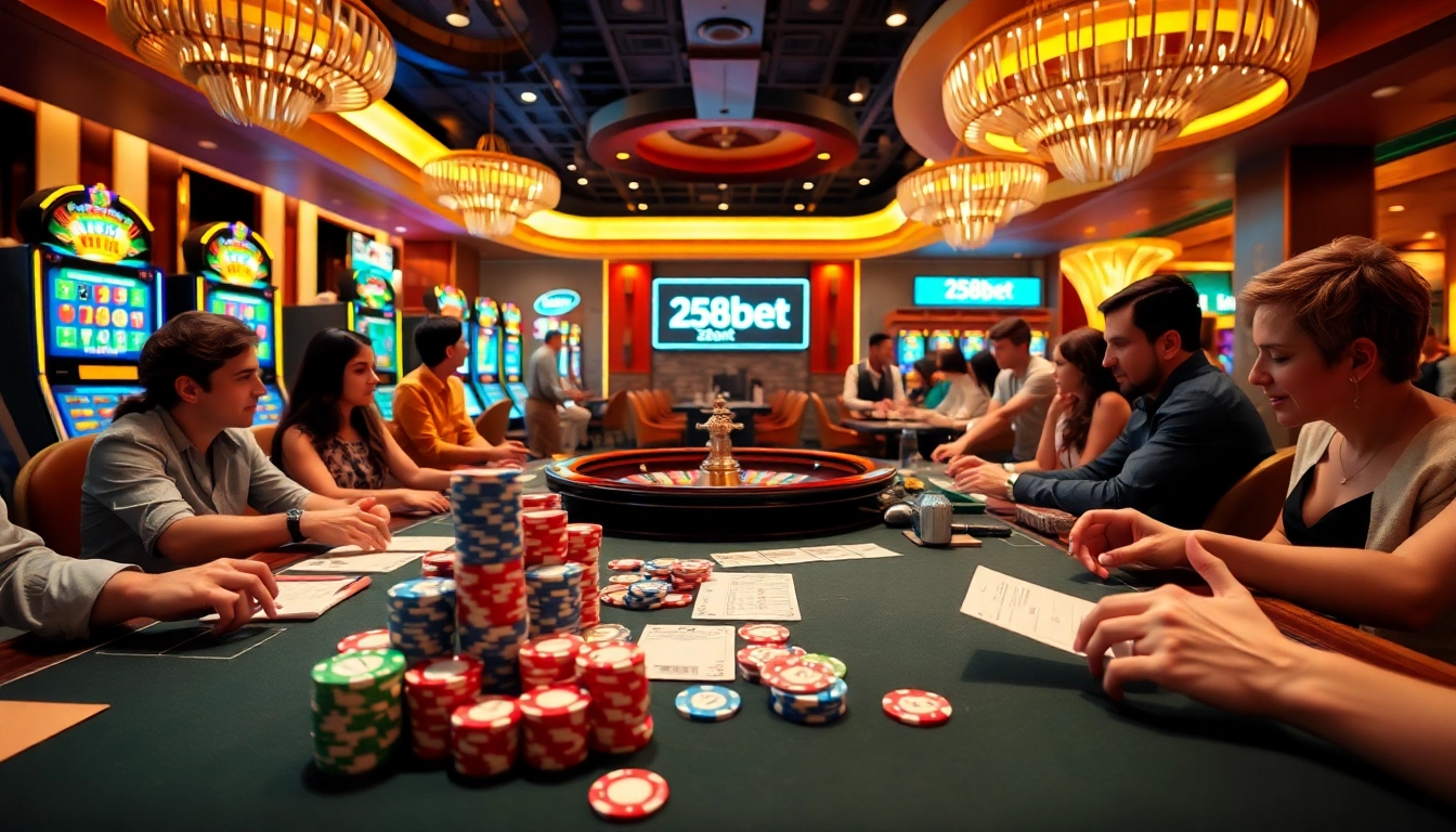 Experience the excitement of gambling with 258bet as colorful chips and vibrant lights fill a modern casino scene.