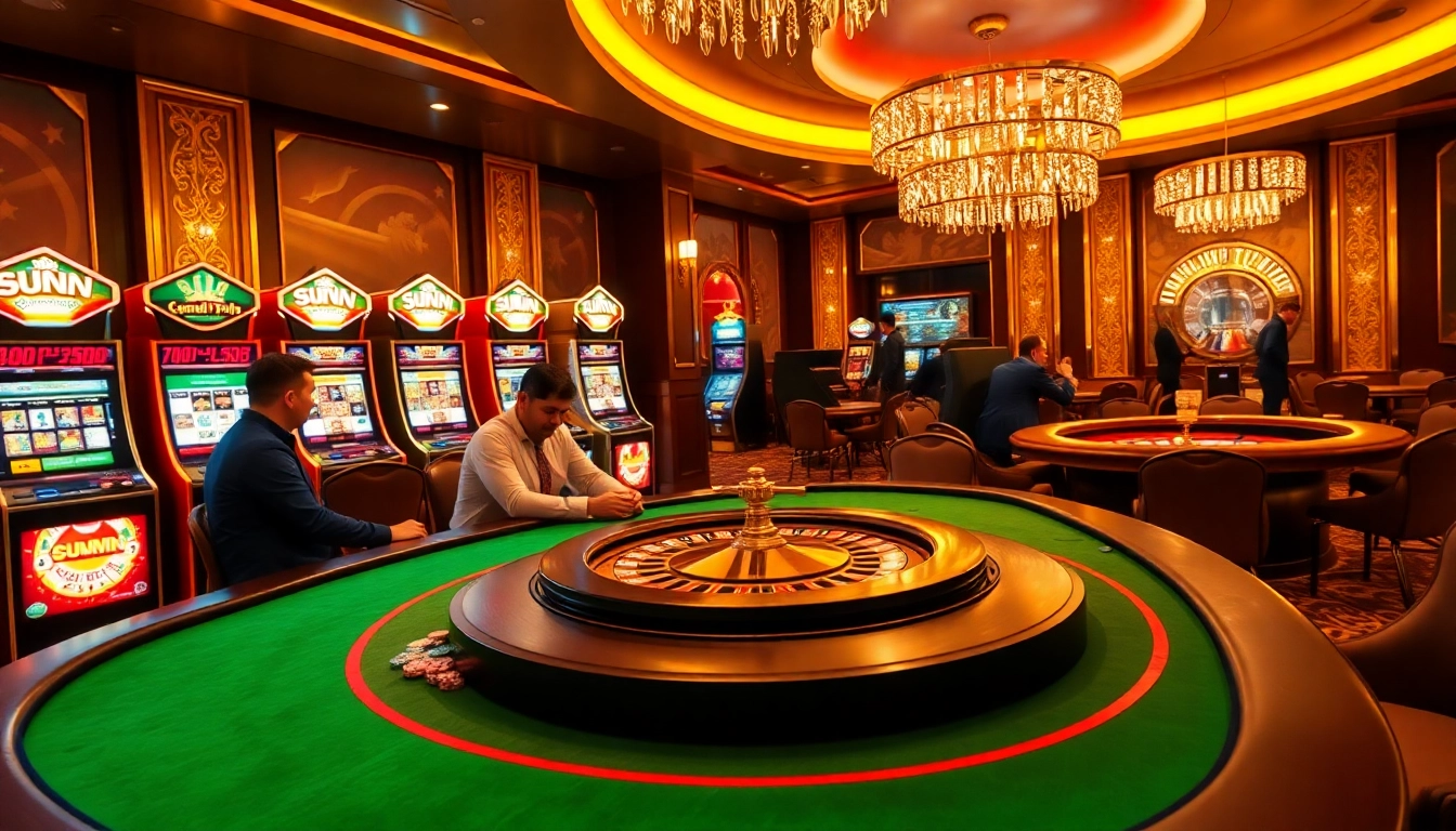 Experience the thrill of sunwin gaming at a luxurious casino table surrounded by eager players.