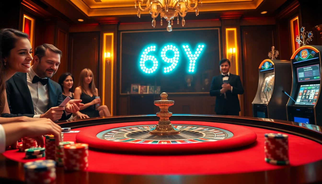 Apostadores em uma mesa de roleta celebram suas vitórias em um cassino luxuoso, incorporando a empolgação dos jogos 69Y.