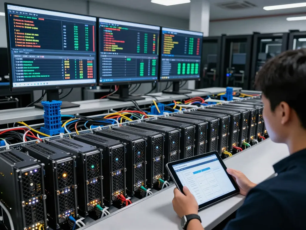 Técnico em uma configuração de mineração de criptomoedas com mineradores ASIC, monitorando métricas de desempenho através da interface https://vnish.net.br/.