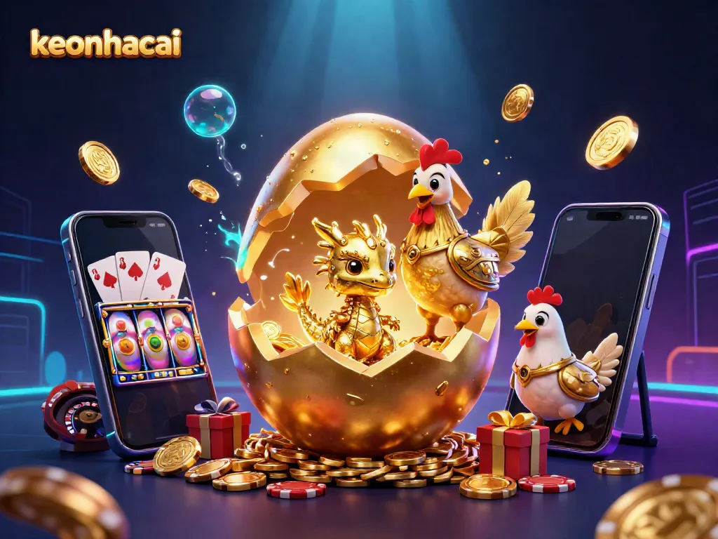Engage with keonhacai's vibrant 3D illustration, featuring a golden dragon amid casino elements.