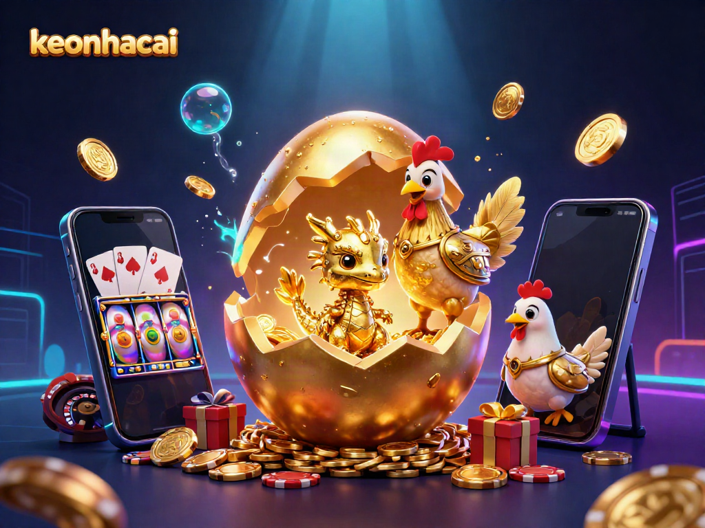 Engage with keonhacai's vibrant 3D illustration, featuring a golden dragon amid casino elements.