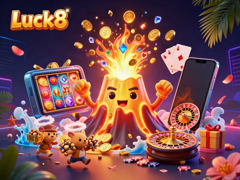 Experience Luck8's exciting gaming scene with a victorious volcano and treasure-hunting animals.