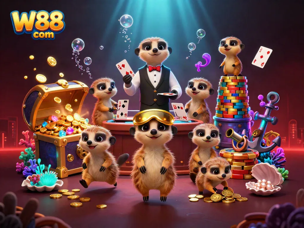 W88 com's cartoon casino operation showcases meerkats engaging in gaming strategies with thrilling animated elements.