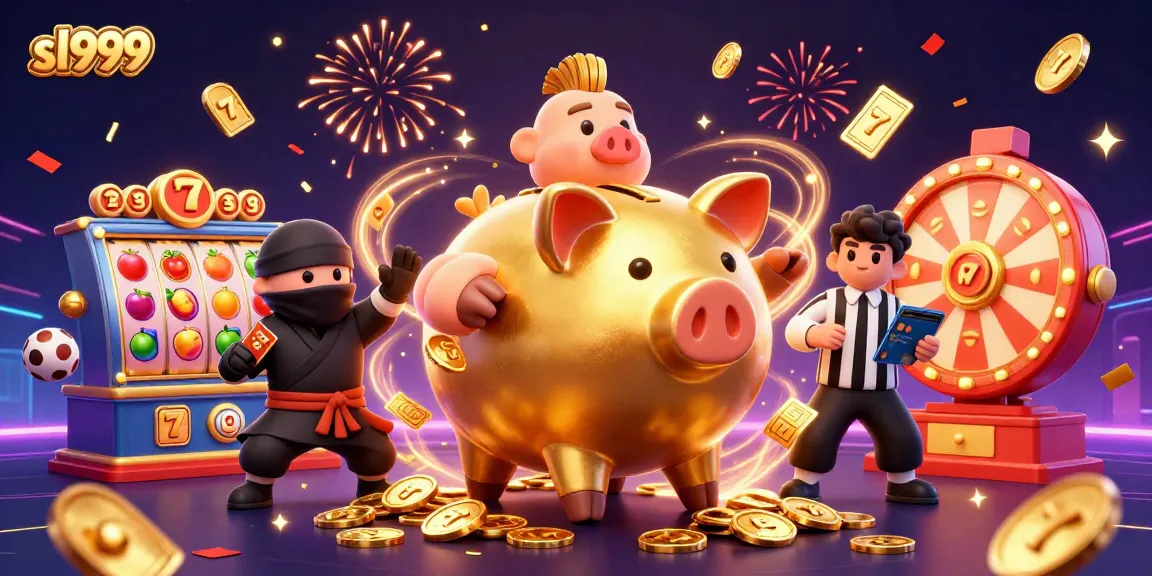 O sl999 apresenta uma cena de cassino animada com um lutador de sumô e um ninja, mergulhando em um mar de moedas e loteria.
