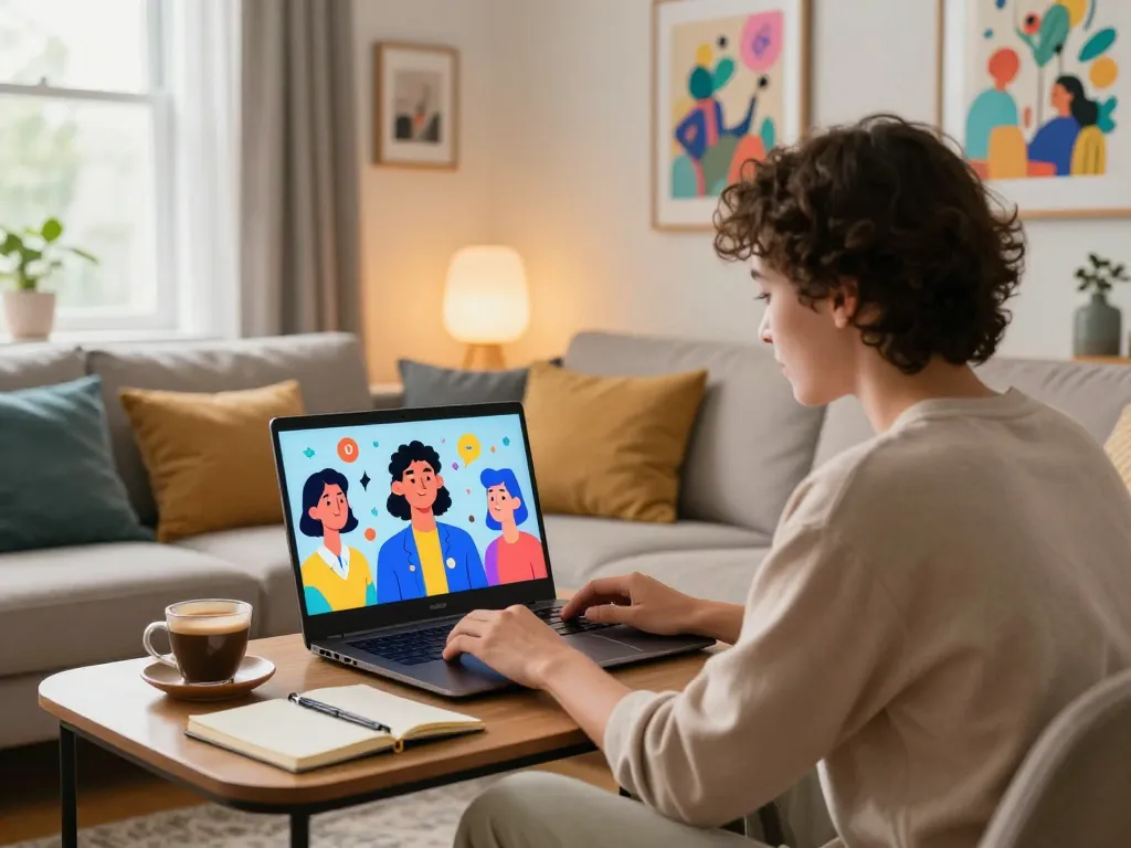 Engaging with crush on ai in a cozy living room filled with digital avatars.