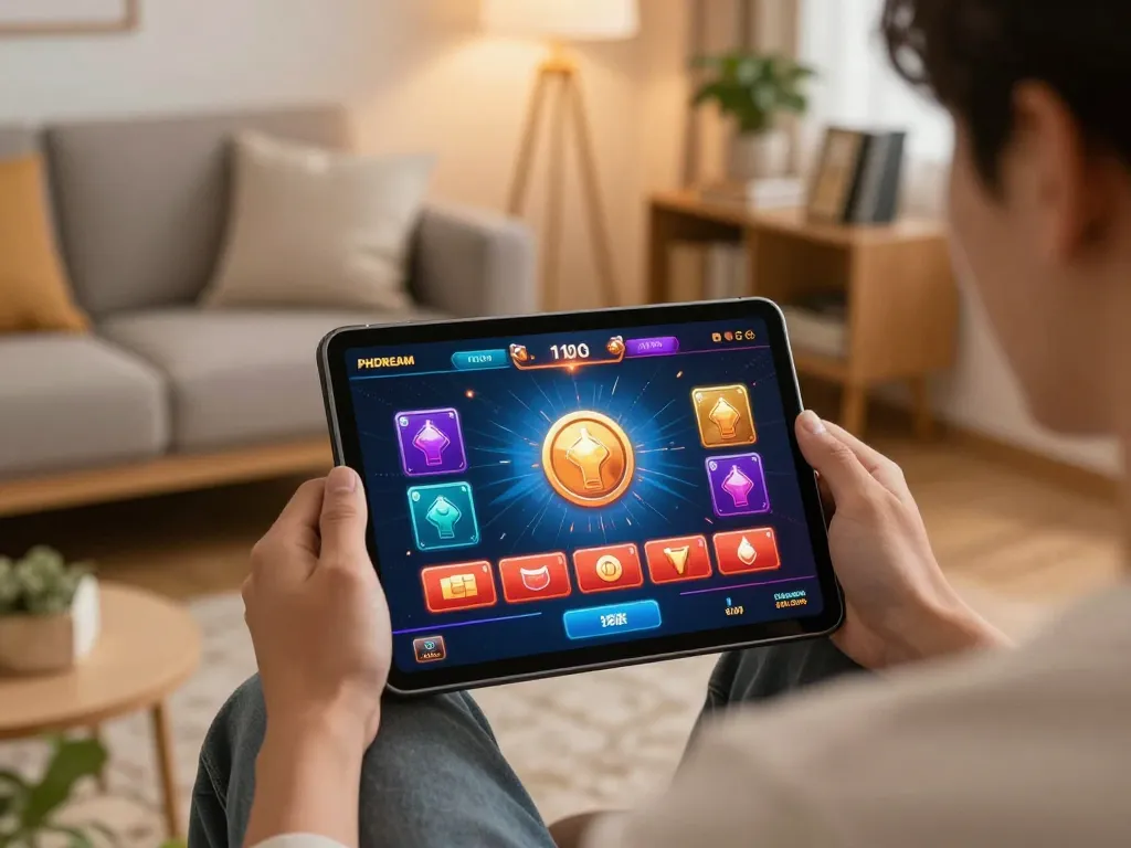PHDREAM casino user enjoying a tablet gaming session in a cozy home environment, highlighting responsible gaming.