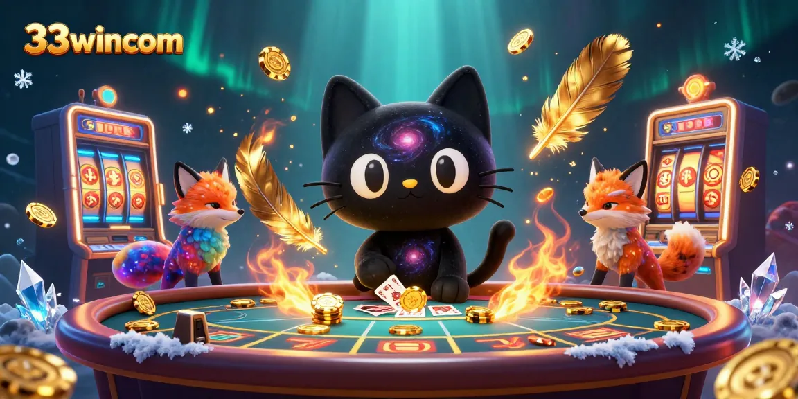 33wincom engaging in exhilarating casino action with a cosmic cat and vibrant fox amidst vibrant gaming elements.