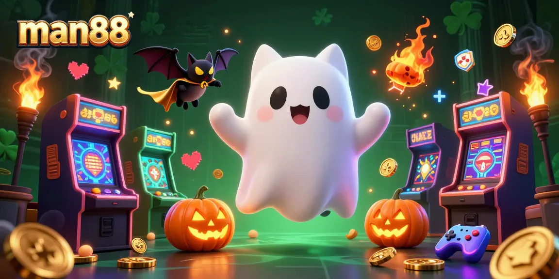Experience thrilling gaming with man88's ghost cat in a haunted casino mansion, surrounded by vibrant arcade elements.