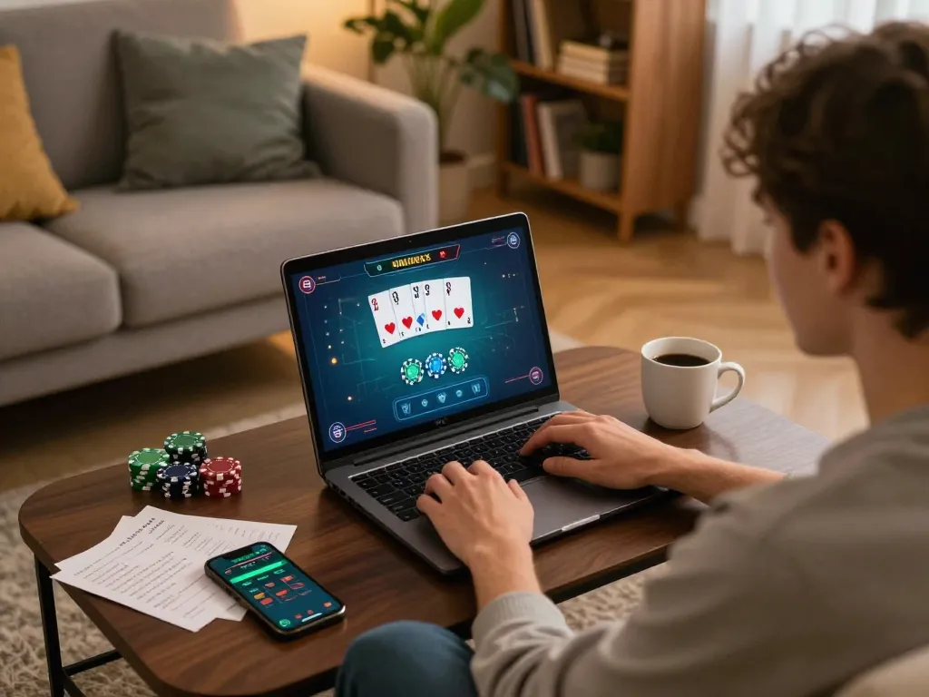Jogador fazendo apostas na 668bet em um ambiente aconchegante de casa com interface de poker online