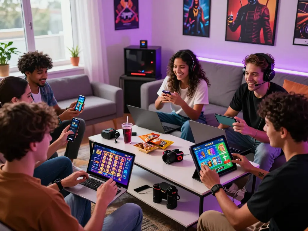 Engaged friends enjoying the TR88 app on multiple devices in a vibrant gaming scene filled with colorful graphics and snacks.