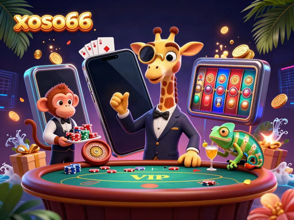 Xoso66 delivers exciting slot experiences with 3D giraffe, monkey valet, and chameleon bartender.