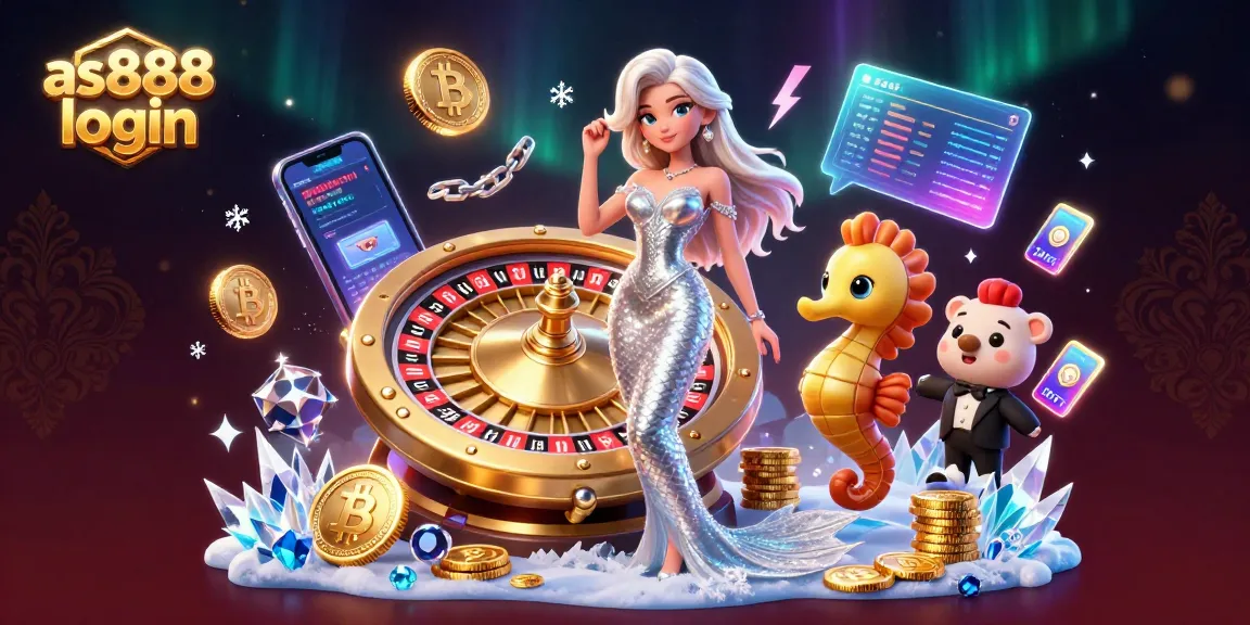 Engage in thrilling games at AS888 login with vibrant 3D illustration of casino elements and a stylized character.