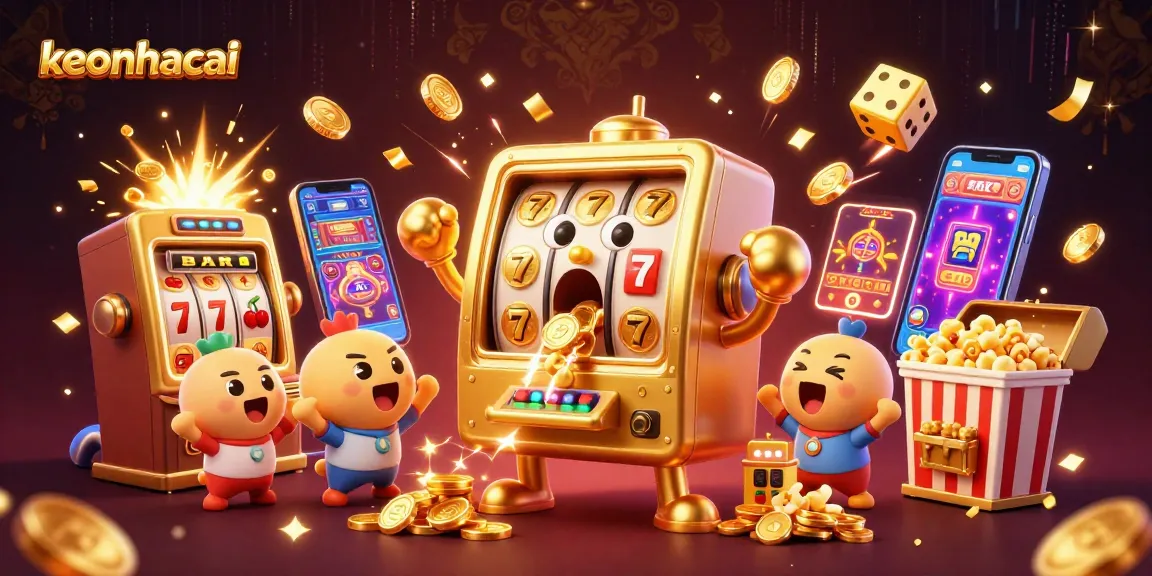 Engage with keonhacai's exciting slots experience featuring a joyful golden slot machine celebrating a jackpot.