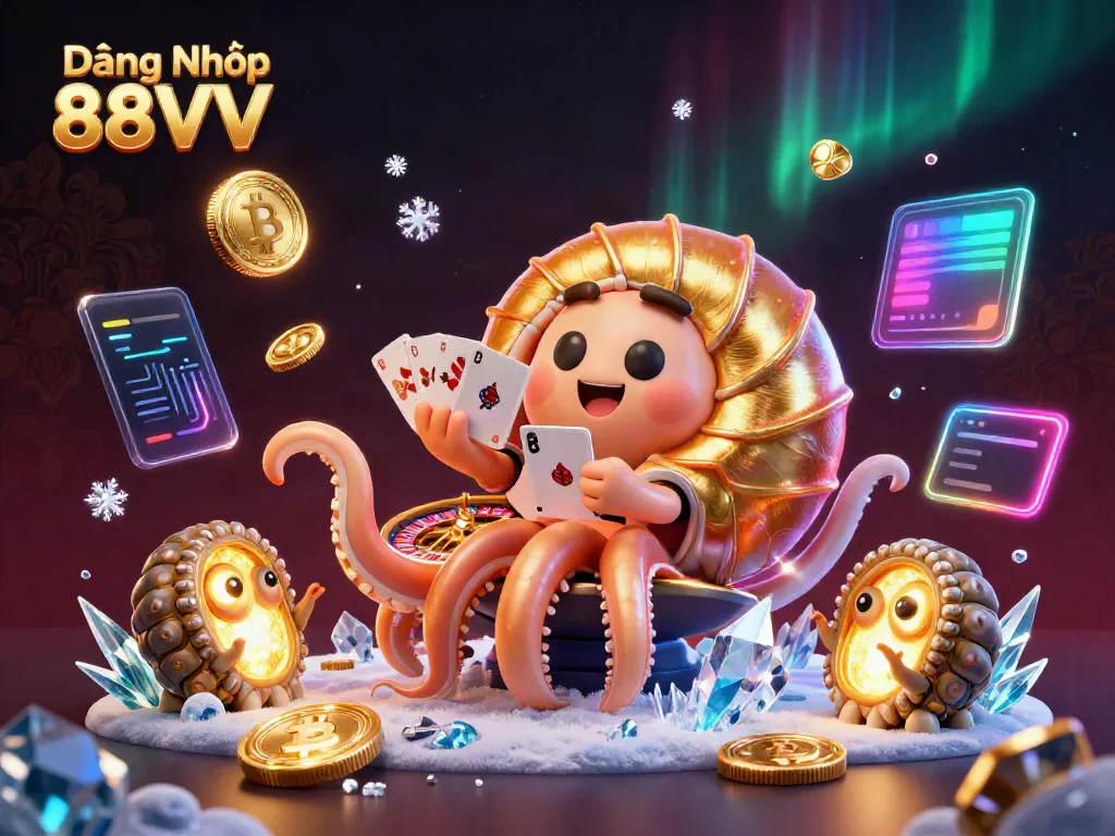 Engage in gaming at Đăng Nhập 88VV amidst vibrant 3D casino elements and glowing coins.
