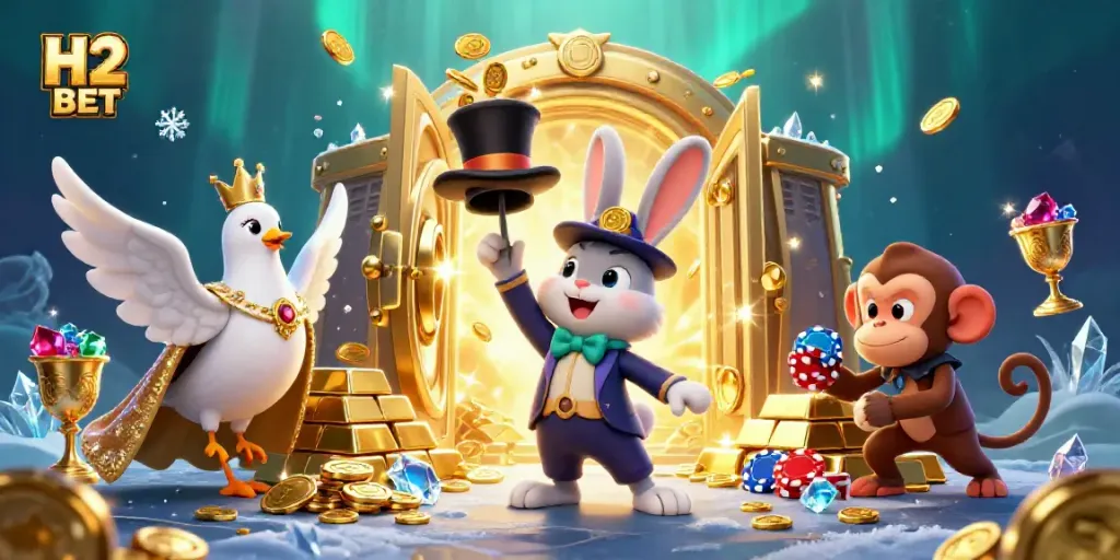 Experience thrilling wins with H2 BET as the magical rabbit pulls golden coins from a top hat, amidst shimmering gems.