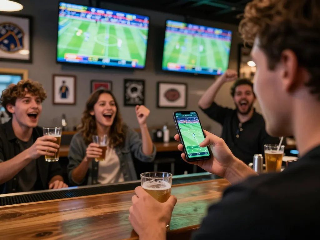 Excited sports fans placing bets using a smartphone on trang cá cược bóng đá while enjoying live sports in a lively bar atmosphere.