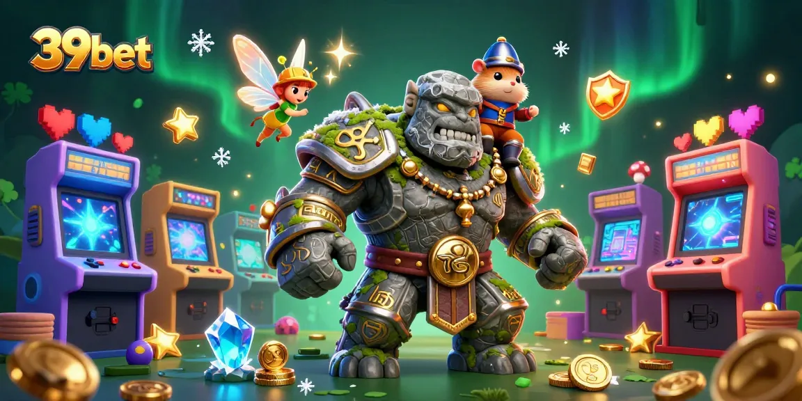 Engage in the world of 39bet with an enchanting 3D scene showcasing a magical golem and a brave hamster knight amid colorful arcade elements.
