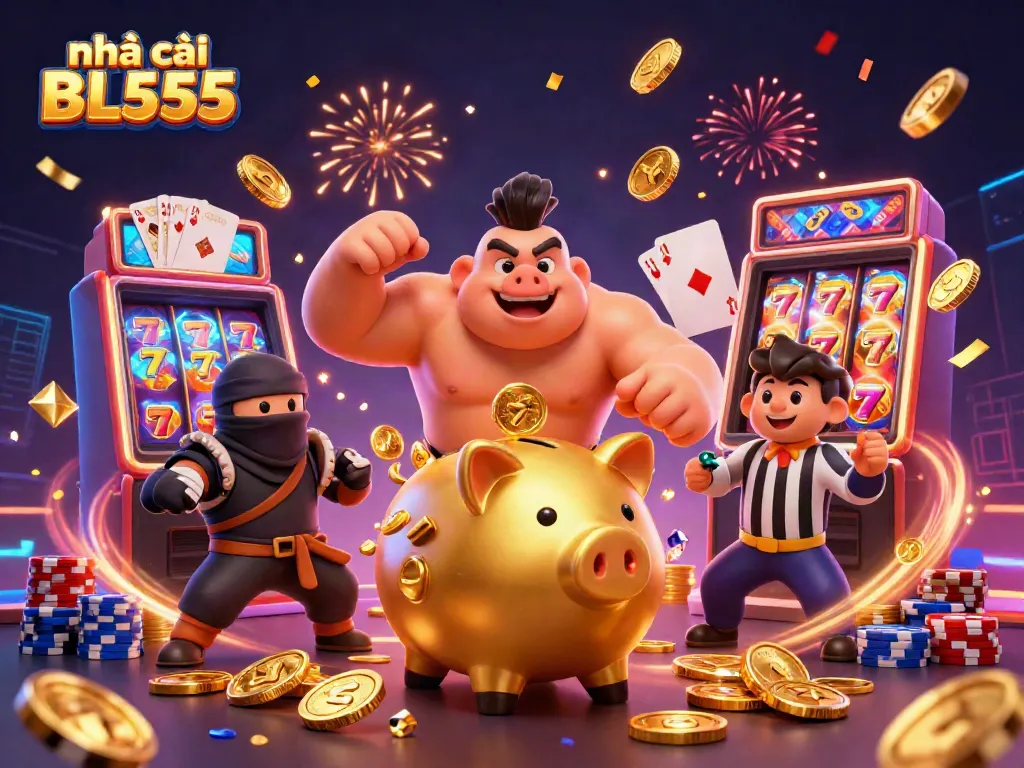 Engage with nhà cái BL555's vibrant gaming scene featuring a golden piggy bank wrestler amidst spinning slots and sparkling chips.