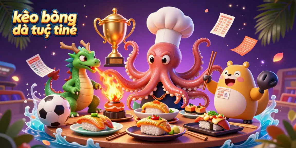 Engaging sports betting scene with kèo bóng đá trực tuyến featuring an octopus chef and dynamic game elements.