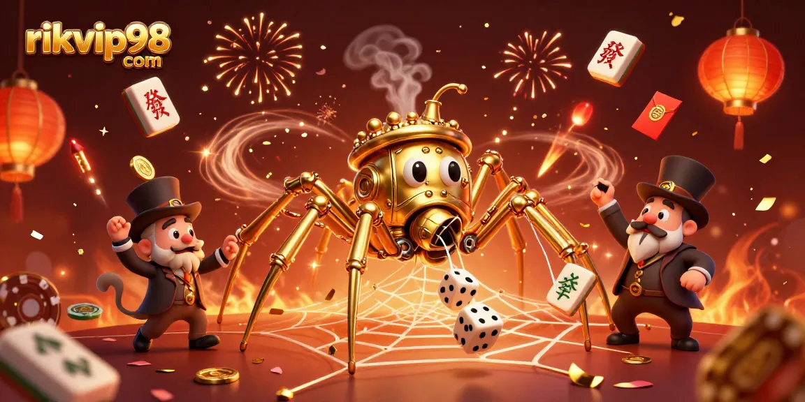 Experience the thrill of gaming at rikvip98 com, where a golden spider captures luck and dice in an enthralling casino scene.