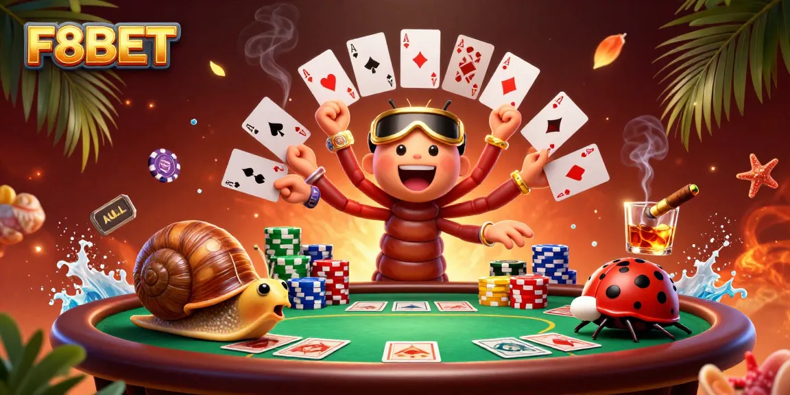 Experience thrilling poker action with F8BET's 3D cartoon dealer and players surrounded by vibrant gambling elements.