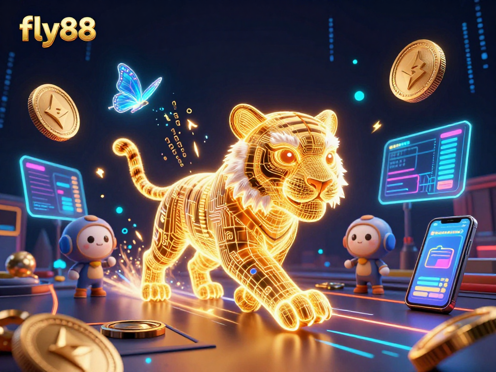 Experience fly88's vibrant casino atmosphere featuring a digital tiger and crypto elements.