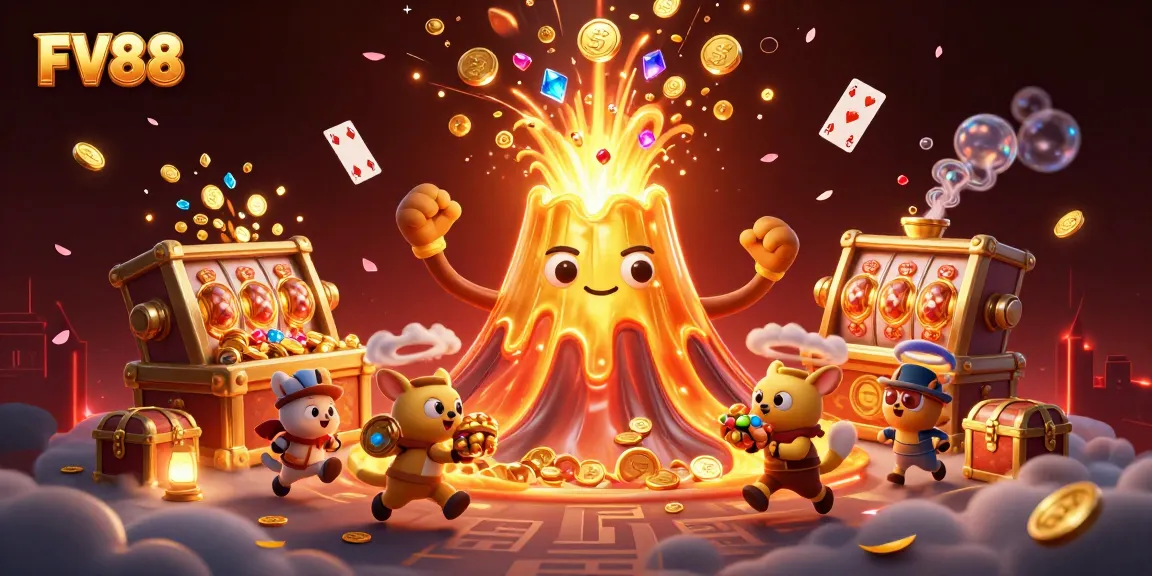 Experience the thrill of FV88 with a dynamic 3D casino scene bursting with treasures and excitement.