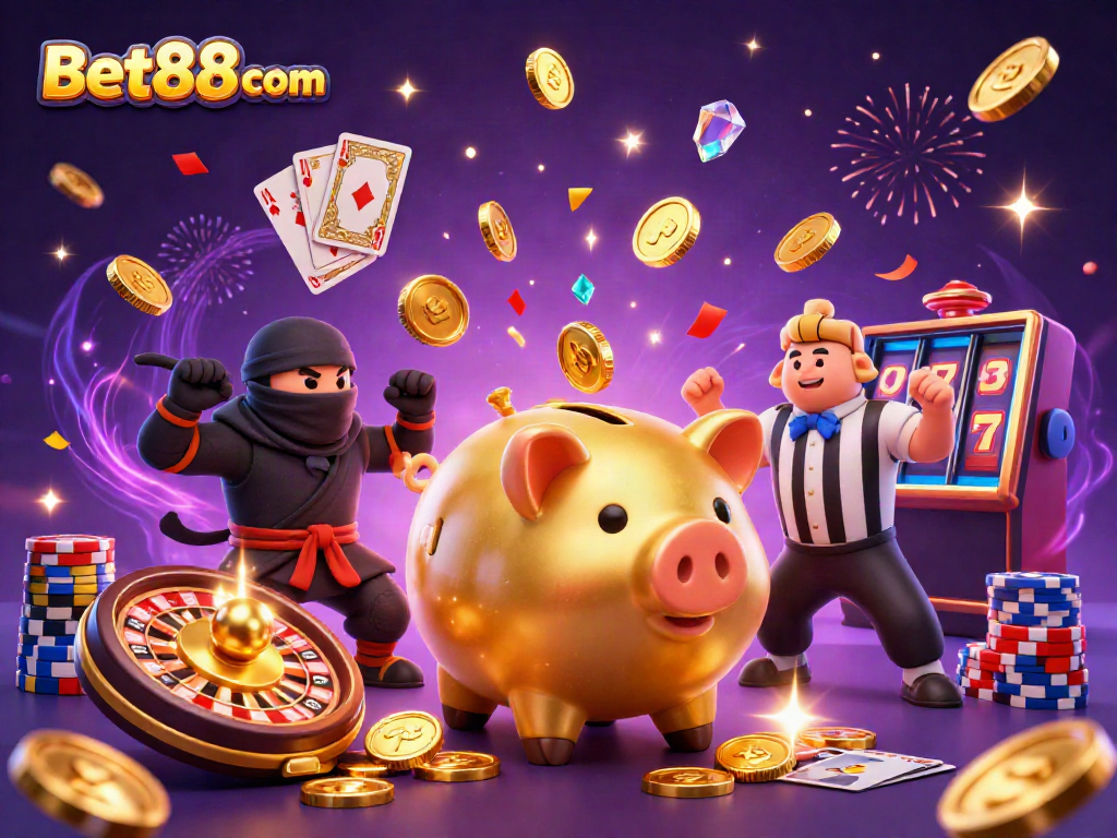 Bet88 com casino scene featuring dynamic characters, golden coins, and vibrant gambling elements.