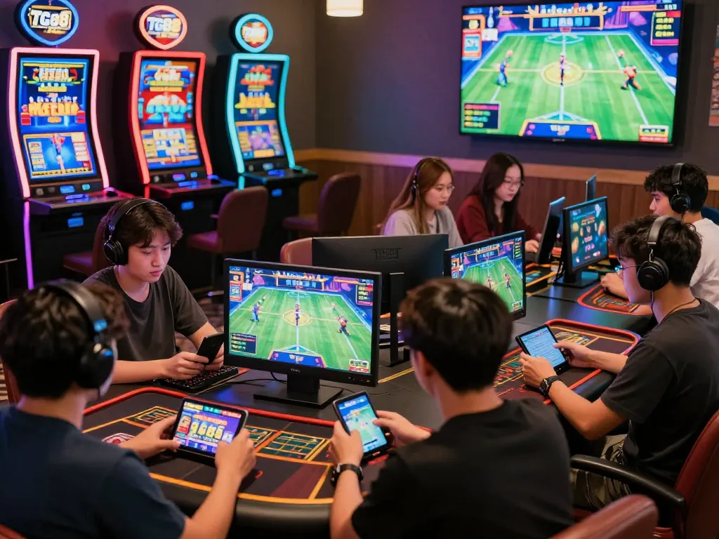 Exciting TG88 love gaming scene with players engaged in casino and sports betting activities in a vibrant online environment.