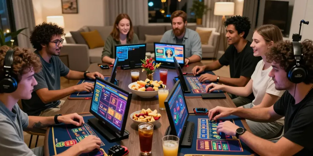 Exciting gaming session at home with friends enjoying casino games on screens at https://ku88v1.com/ in a lively atmosphere.