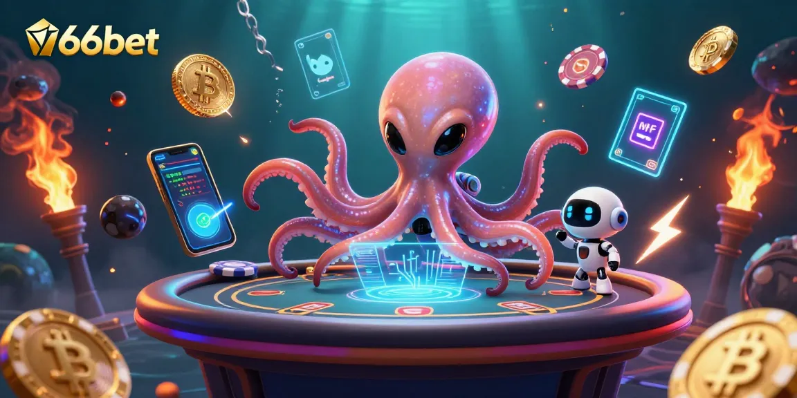 Engage with 166bet's exciting slot games featuring an alien octopus and robot at a holographic table.