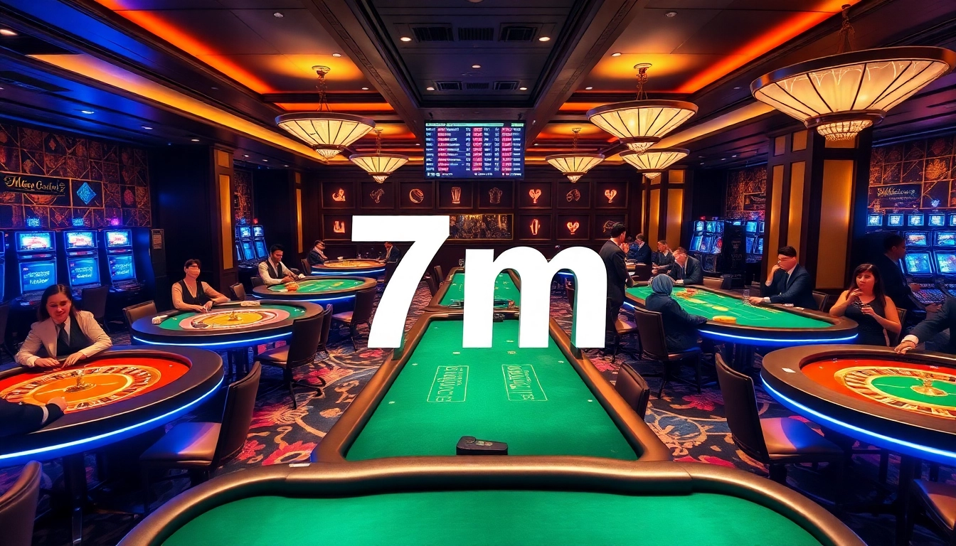 Players enjoying high-stakes poker at a 7m casino table, with vibrant lights and chips.
