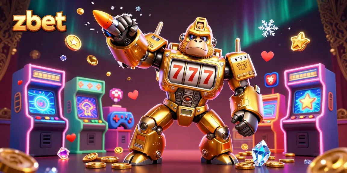 Experience big wins with zbet, featuring a golden gorilla mech amidst vibrant casino elements.
