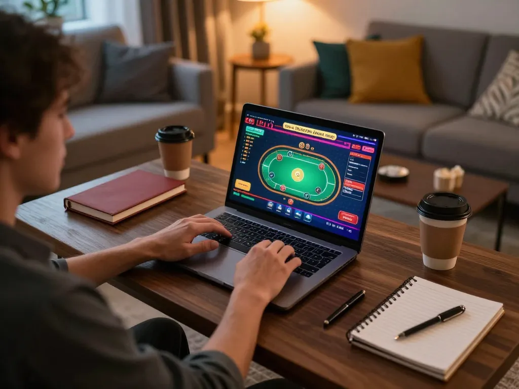 Player enjoying online poker at KP88 gaming setup in cozy home environment.
