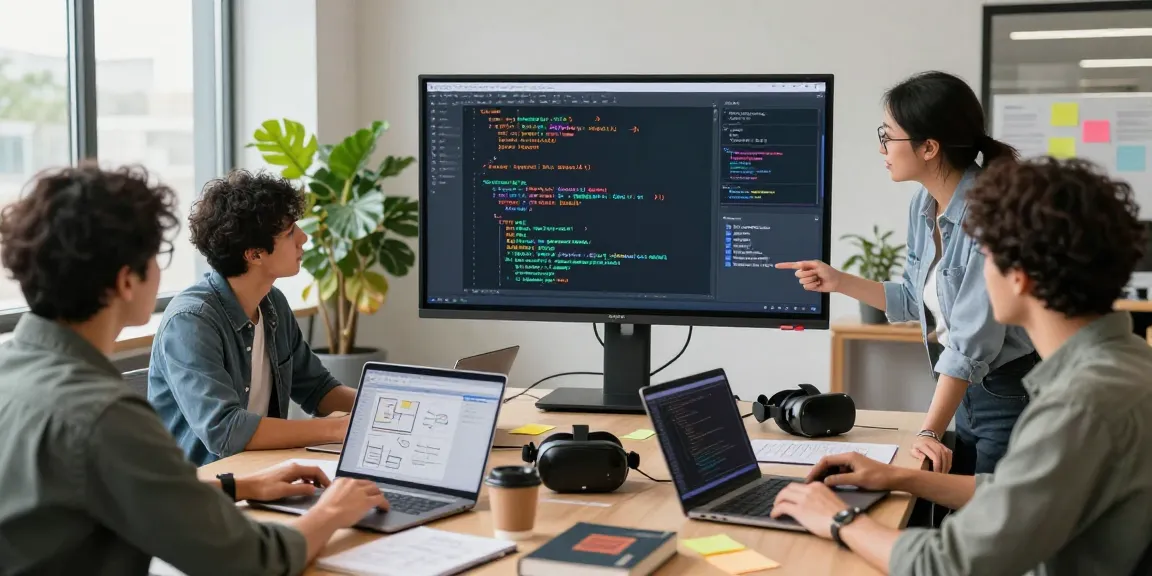 Software developers collaborating in a modern office, showcasing productivity at the WPS Official Website.