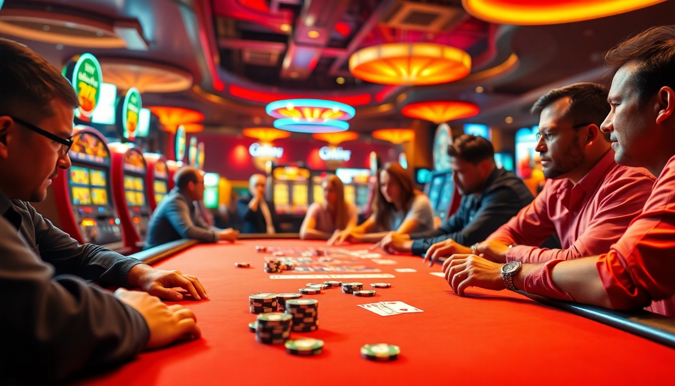 Les joueurs engagés au paris match rugby lors d'une partie de poker dans un casino animé.