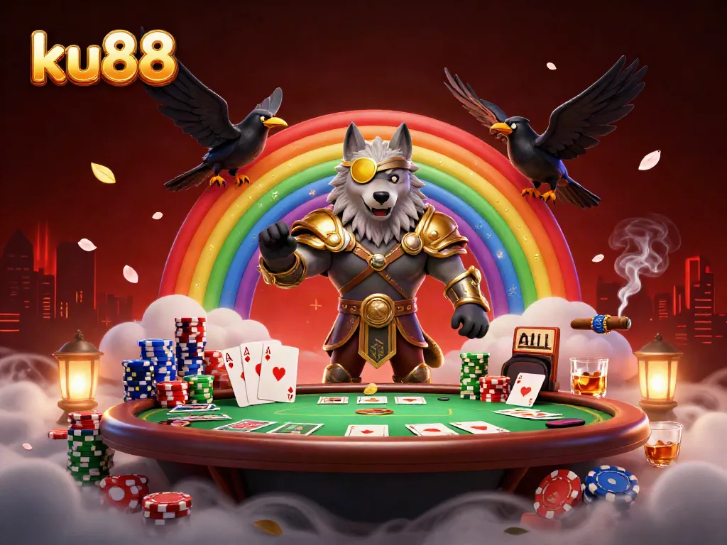 Engage in thrilling gameplay at ku88 with a 3D scene of Odin, ravens, and vibrant casino elements.