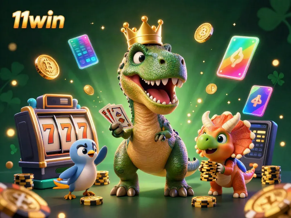 Engaging scene of a friendly T-Rex and friends enjoying a lively 11win casino adventure with intricate gaming elements.