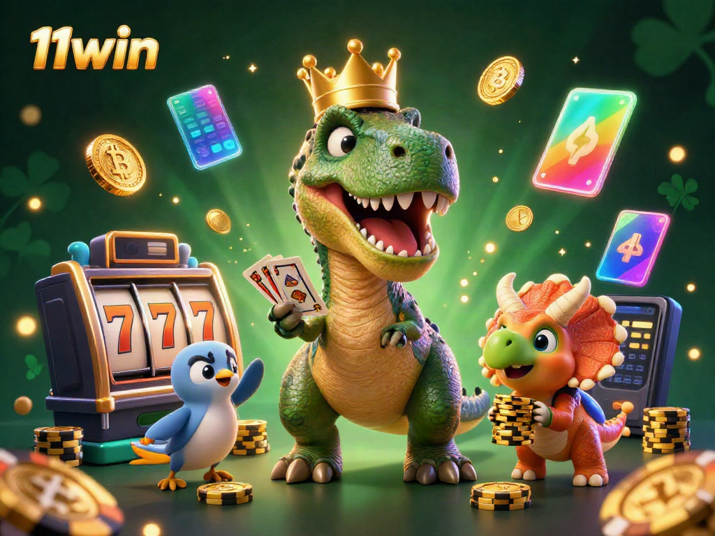 Engaging scene of a friendly T-Rex and friends enjoying a lively 11win casino adventure with intricate gaming elements.