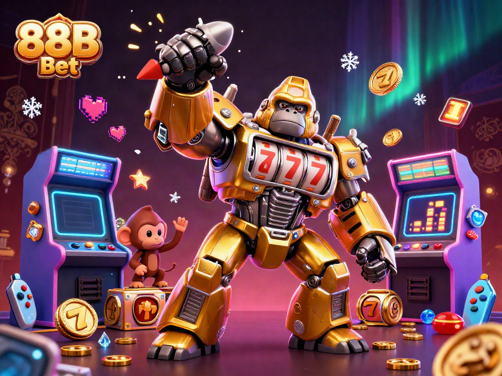 Engage with the excitement of 88B Bet through a dynamic scene featuring a golden gorilla mech and vibrant casino elements.
