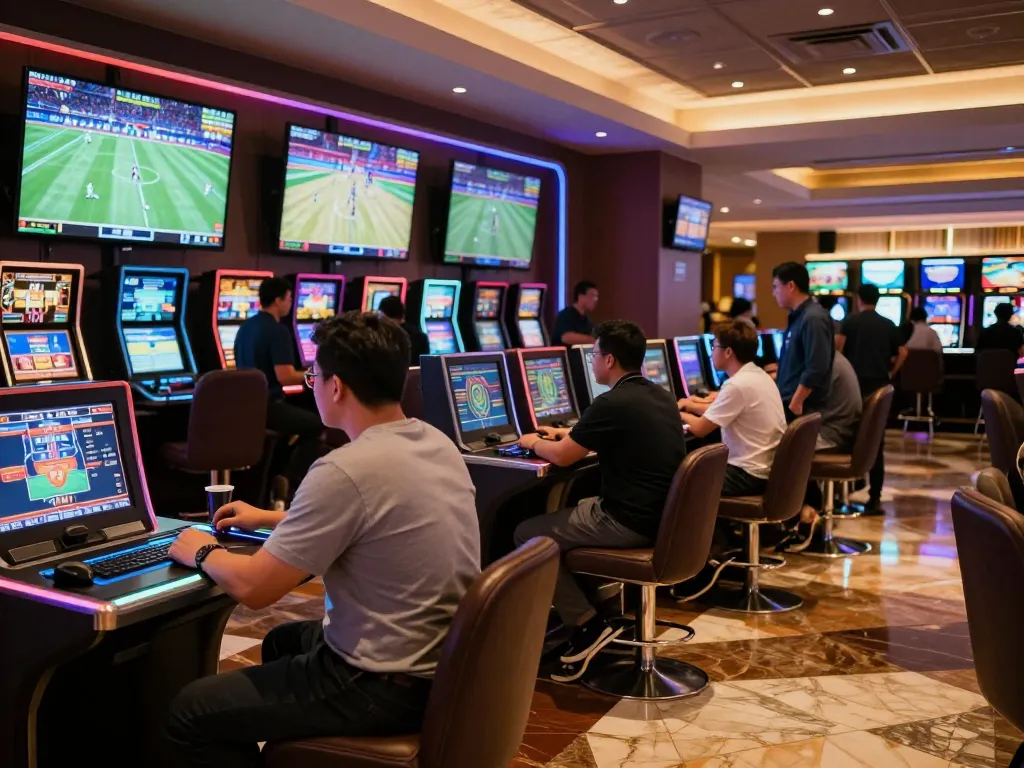 Exciting sports betting area showcasing tỷ lệ kèo nhà cái with patrons actively placing bets and engaging